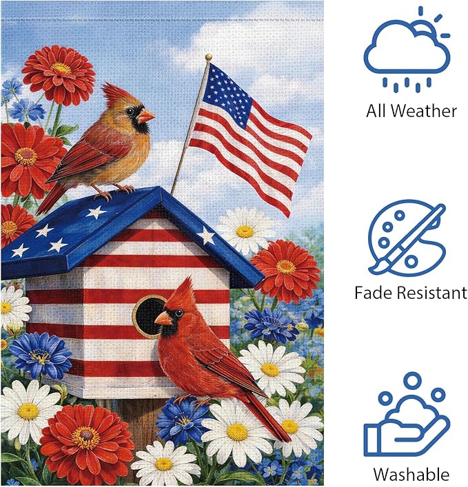 Heyfibro 4th of July Cardinals Patriotic Garden Flag 12x18 Double Sided Burlap, Birdhouse Red White & Blue Daisy Floral Yard Banner for Rustic Independence Day Outdoor Decor (ONLY FLAG)