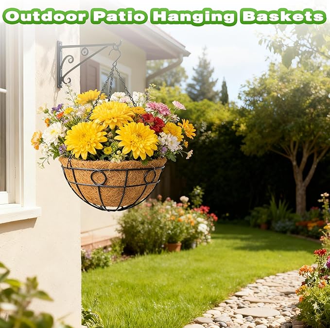 4 Pack 12 Inch Metal Outdoor Hanging Baskets Black Heavy Duty Hanging Planters with Coco Liners for Indoor Outdoor Plants Gardens Patios Terraces（Round）
