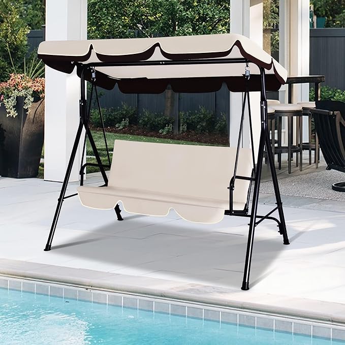GARTOO 3-Seat Patio Swing Chair, Outdoor Porch Swing with Adjustable Canopy and Durable Steel Frame for Patio, Garden, Poolside (Beige)