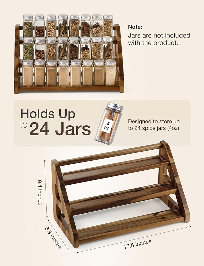 Tinamo Acacia Wood Spice Rack, 3-Tier Spice Rack Organizer for Countertop | Solid Acacia Wood, 3-tier Spacious Design for 24 Spice Jars, Cutout Grooves for Secure Storage, Easy Assembly, Walnut Finish
