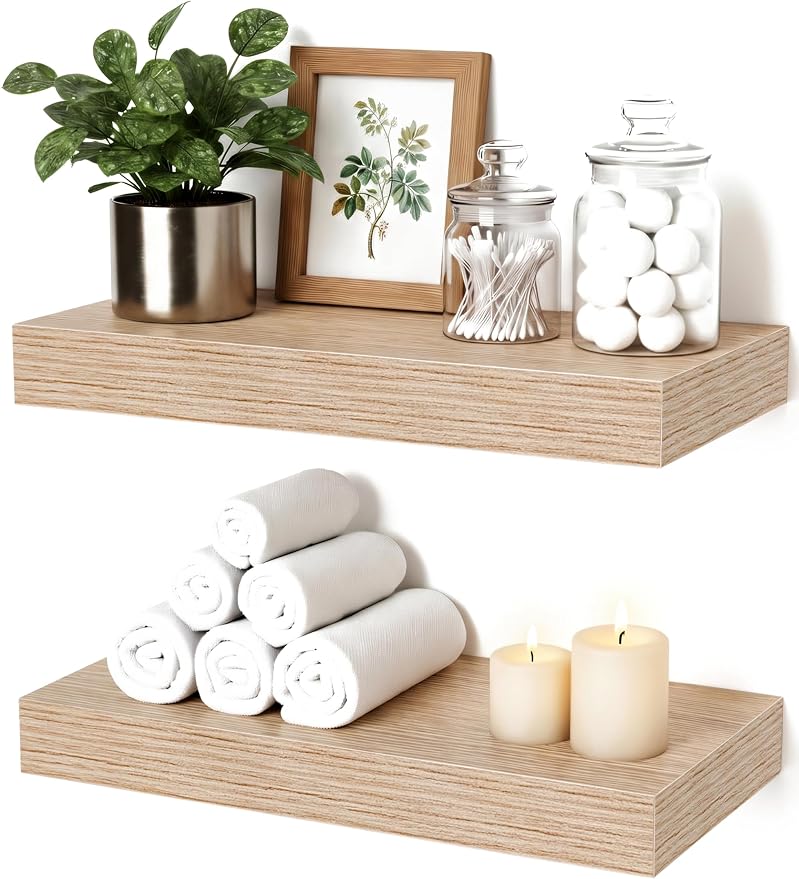 Oak Floating Shelves for Wall, 12 Inch Wooden Wall Shelf Set of 2 | Wood Floating Shelf Over Toilet, Wall Mounted, Easy Install, Easy-Clean, 33lbs Max Load, Bedroom Living Room Display Storage
