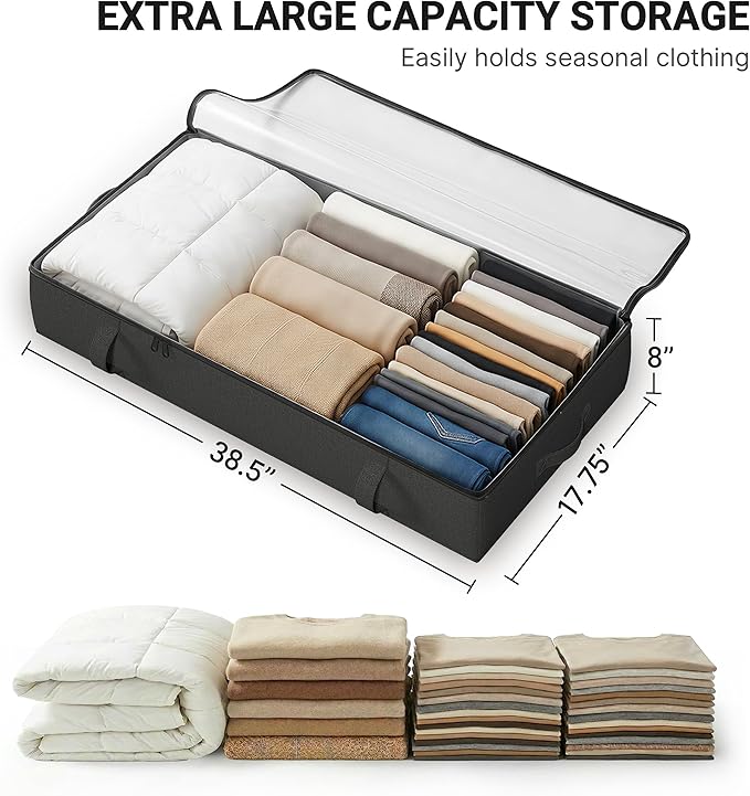 2-Pack Under Bed Storage Containers, 8 Inches Tall Clothes Storage, Black