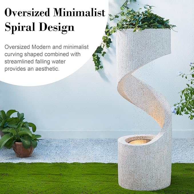 Glitzhome Outdoor Water Fountain, 40.25" H Modern Faux Terrazzo Spiral Shaped Outdoor Fountain with Pump and LED Lights, Polyresin Waterfall Fountain Water Feature for Garden, Patio, Porch Decor