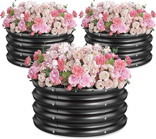 2 x 2 x 1 ft Round Raised Garden Bed, Black 3 Pack 0.6 mm Thick Galvanized Steel Planter Box with Double Layer Paint and Safety Edge Trim for Vegetables Flowers Herbs Outdoor Garden