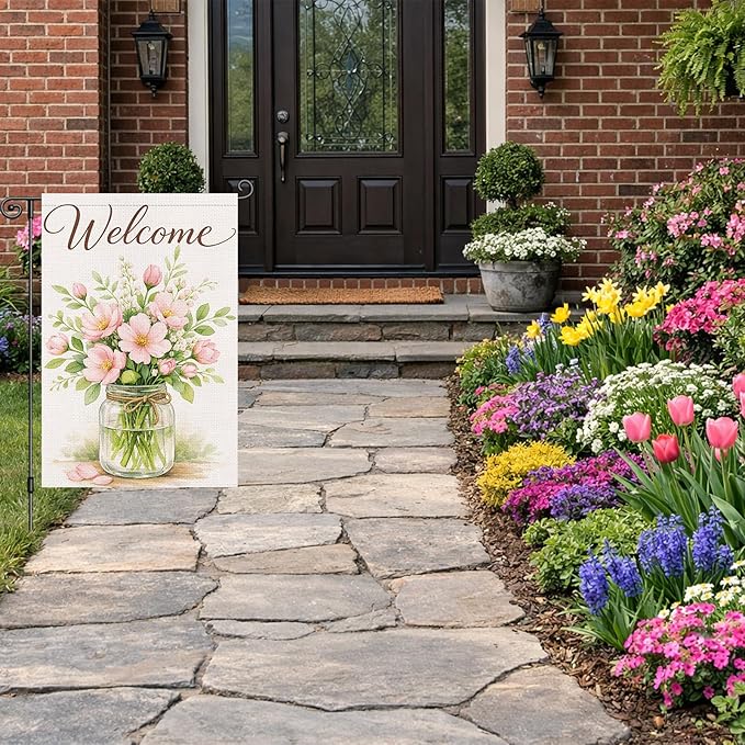 Heyfibro Spring Garden Flag 12x18 Inch Double Sided Welcome Florals Blossom Jar Garden Flag Small Yard Flags for Outside House Farmhouse Seasonal Spring Outdoor Decorations