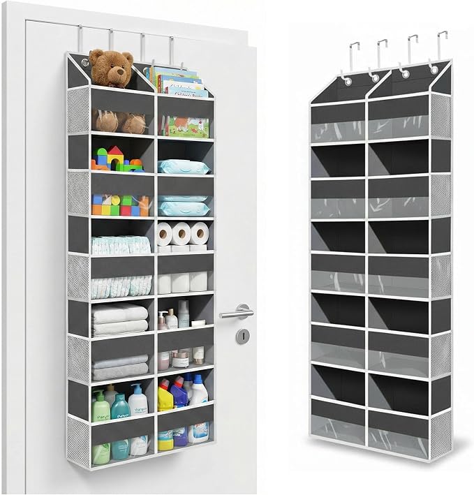 Over the Door Organizer, 10-Pocket Heavy Duty Hanging Storage Bag | 600D Oxford Hanging Door Organizer with 10 Front Pockets, 10 Side Mesh Pockets, Four Silicone-padded Hooks and 80 lb Capacity
