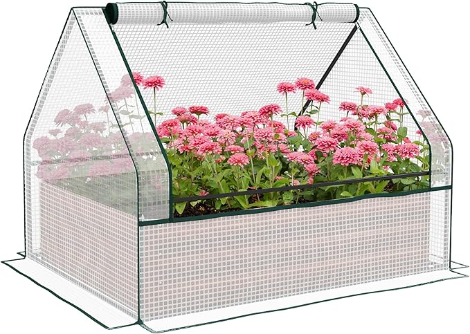 Outsunny 4 x 3 x 1ft Raised Garden Bed with Mini Greenhouse, Galvanized Outdoor Planter Box with Cover, for Herbs and Vegetables, Use for Patio, Garden, Balcony, White Cover and Brown Planter