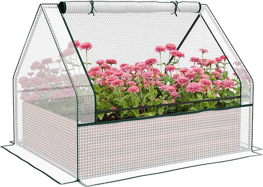 Outsunny 4 x 3 x 1ft Raised Garden Bed with Mini Greenhouse, Galvanized Outdoor Planter Box with Cover, for Herbs and Vegetables, Use for Patio, Garden, Balcony, White Cover and Brown Planter