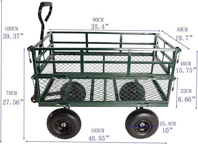 Steel Garden Cart 600 lbs Capacity Heavy Duty Garden Wagons,with Removable Steel Mesh Sides to Convert into Flatbed,Utility Metal Wagon w/ 180°Rotating Handle (Green-Pneumatic-Double Height)