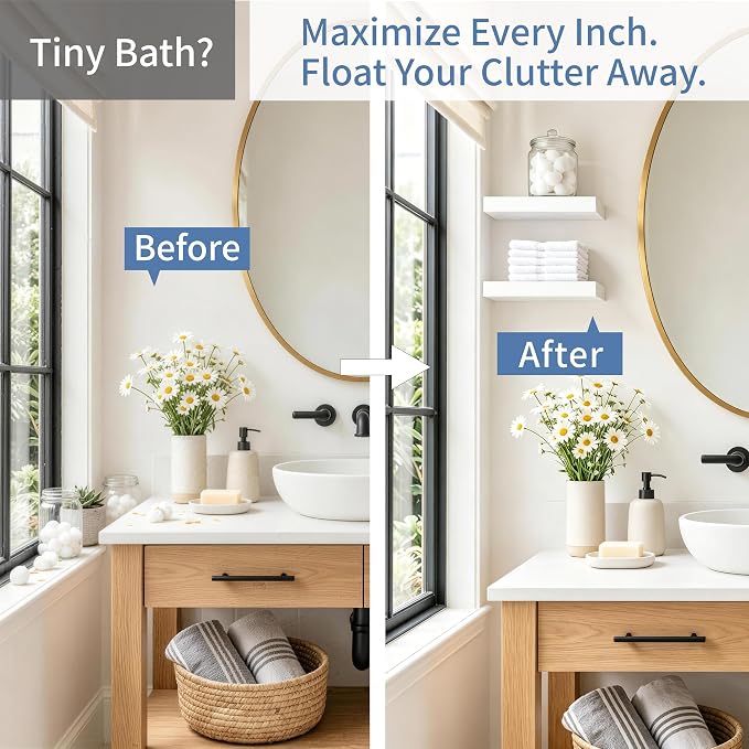 White Floating Shelves for Bathroom, 12 Inch Wooden Shelf Set of 4 | Space Saving Wall Shelves, 33lbs Max Load, Hidden Brackets, Easy Install, Wood Grain Finish, Bedroom Living Room Decor