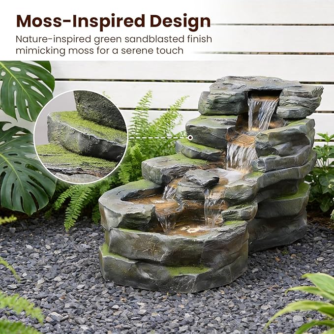 Sunlinua Garden Water Fountain Outdoor Feature, 5-Tier Rock Water Fall Fountains, Natural Waterfall Outdoor Fountains with Pump, LED Lights for Patio, Porch, Home Art Decor, 18 inch Length