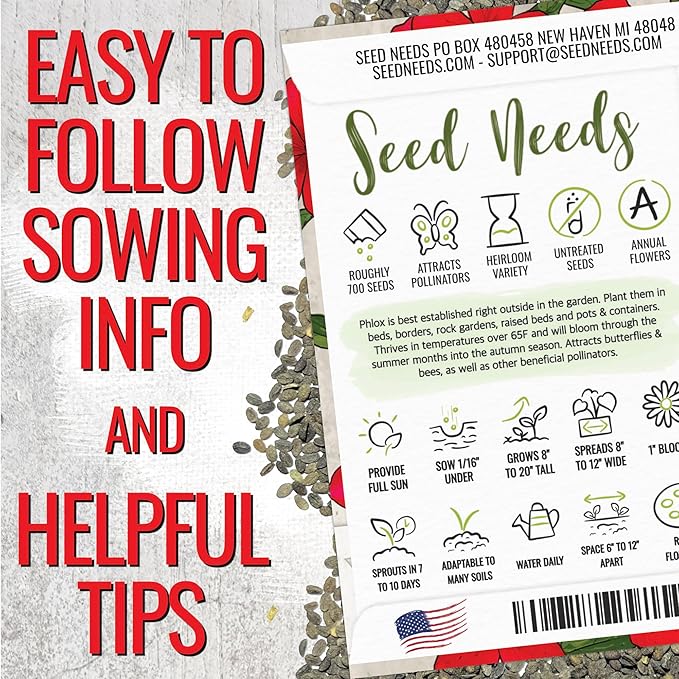 Seed Needs Phlox Seeds for Planting Red Drummond Phlox - Heirloom & Open Pollinated Annual Flowers to Attract Butterflies & Bees to a Butterfly Garden (2 Packs)