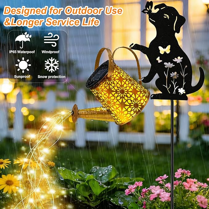 VOOKRY Solar Watering Can Lights Outdoor with Dog Silhouette Stake, Garden Gifts for Mom, Women & Garden Lovers Waterproof Metal Garden Lantern, Decorative Yard Patio Lawn Pathway Decor(2 Pack)