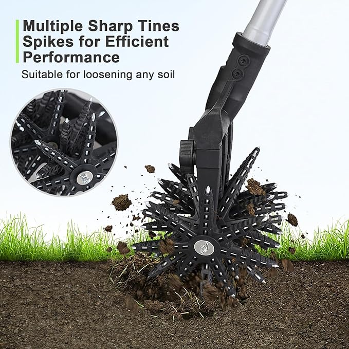 Lightweight Rotary Cultivator Garden Rotary Tiller with Stainless Steel Poles, Anti-Slip Grip, Hand Tiller for Soil Mixing or Reseeding Grass Lawn Tiller Total Length 69 Inch