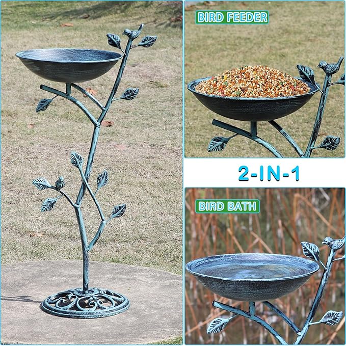 HOUYANG 11.4" W x 31" H Cast Iron Pedestal Bird Bath, Birdbaths for Outdoors,Bird Bath for Outside,Vintage Metal Bird Bath Garden Yard Decor