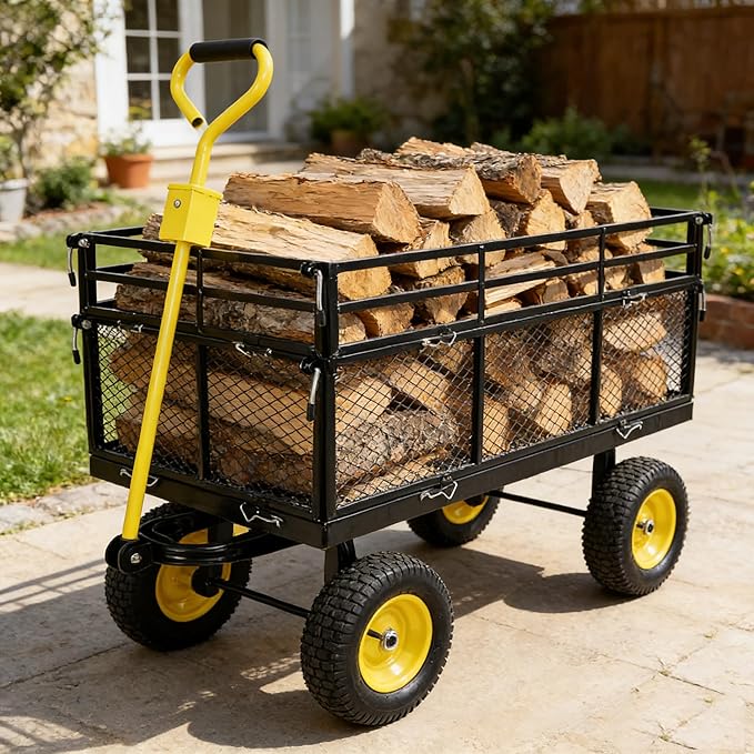 Steel Garden Cart 1100 lbs Capacity Heavy Duty Garden Wagons,with Removable Steel Mesh Sides to Convert into Flatbed,Utility Metal Wagon w/ 180°Rotating Handle (Big-Double-Layer-Pneumatic)