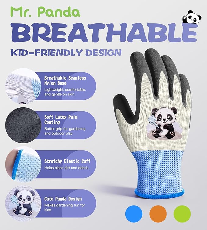 Mr. Panda 3 Pairs Skin-Friendly Big kids gardening gloves for Age 8-10, Rubber Coated childrens garden gloves, toddler work gloves, XS