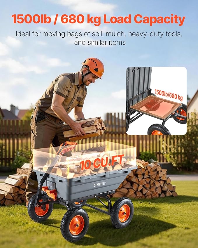 VEVOR 10 Cu.Ft 1500LBS Poly Garden Cart Dump Wagon, Heavy Duty Wheelbarrow with Convertible Handle and 16" Flat Free Tires, Outdoor Yard Wagon ATV Trailer Dump Cart Tow Behind for Lawn Mower Tractor