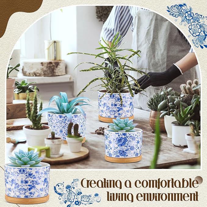Maxdot 12 Pcs 3 Inch Ceramic Chinoiserie Succulent Pots Blue and White Mini Plant Cylinder Pots with Drainage Holes and Bamboo Trays for Indoor Plants Flowers Succulent Garden Decoration