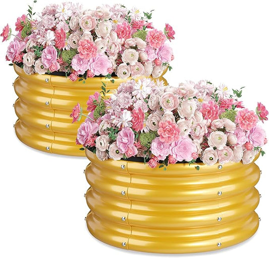 2 x 2 x 1 ft Round Raised Garden Bed, Yellow 2 Pack 0.6 mm Thick Galvanized Steel Planter Box with Double Layer Paint and Safety Edge Trim for Vegetables Flowers Herbs Outdoor Garden