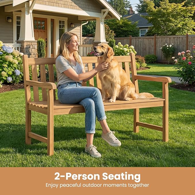 Tangkula 51" Teak Wood Outdoor Bench, 2-Person Solid Wood Garden Patio Bench with Backrest and Armrests, Wooden Loveseat Seating Furniture for Porch, Balcony, Backyard and Deck