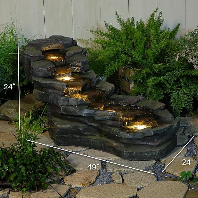 Sunlinua 49" L Water Fountain Outdoor 5-Tiers Rock Natural Waterfall Fountains Floor Standing Water Features with LED Lights for Garden, Patio, Porch, Home Art Decor