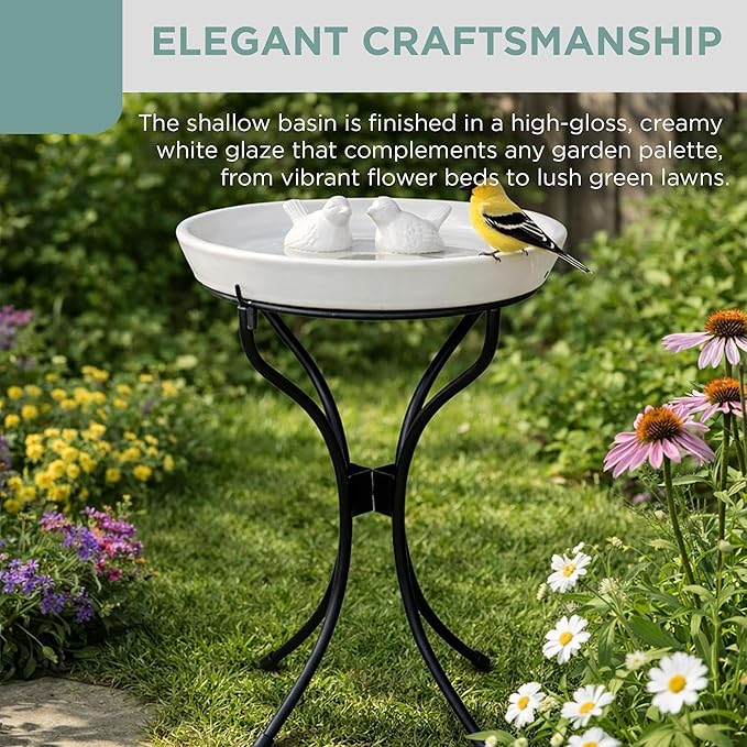 Alpine Corporation VTFAM148A 12" White Ceramic Bird Bath with Decorative Bird Accent & Black Metal Stand – Outdoor Garden Patio Yard Birdbath, 17" Tall Pedestal Base
