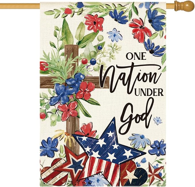 AVOIN colorlife Memorial Day Patriotic 4th of July House Flag 28x40 Inch Double Sided Outside, Flowers Cross Yard Outdoor Decoration