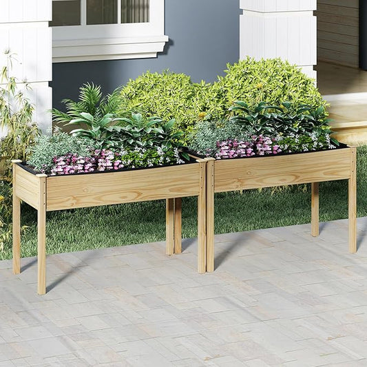 S AFSTAR 2 Pieces Wooden Raised Garden Bed with Legs, Planter Box with Liner & Drainage Holes for Vegetable Flower Herb, Indoor Outdoor Elevated Gardening Box for Backyard Patio Balcony