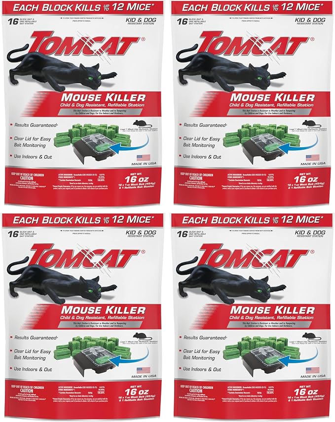 Tomcat Mouse Killer,Child and Dog Resistant Refillable Station — Weather-Resistant Indoor/Outdoor Bait Station with Clear Monitoring Lid,1-Station and 16 Bait Blocks,(Pack of 4)