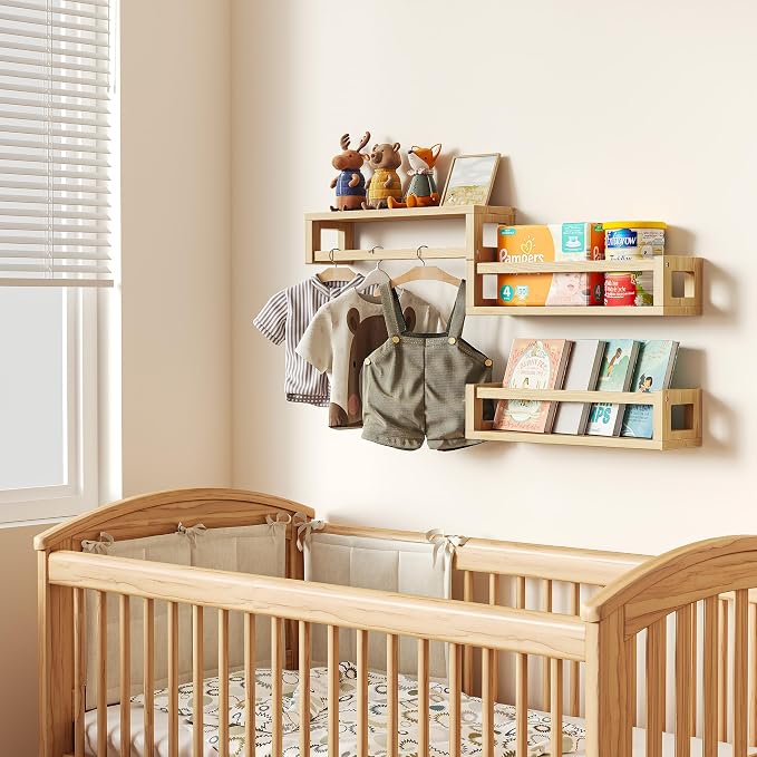 3Pack Solid Wood Floating Shelves for Wall, Nursery Bookshelf, Natural Wood | Durable Solid Wood Construction, Deep Shelf Space for Books, Toys, Plants, Photos and Kitchen Storage