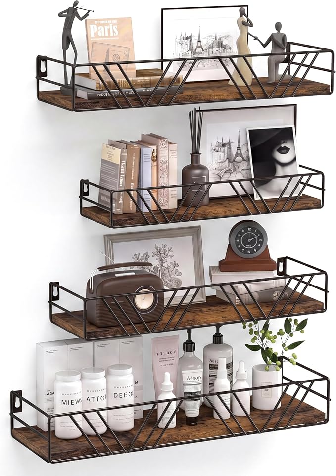 Floating Shelves for Wall, 4 Sets Rustic Shelf with Metal Frame