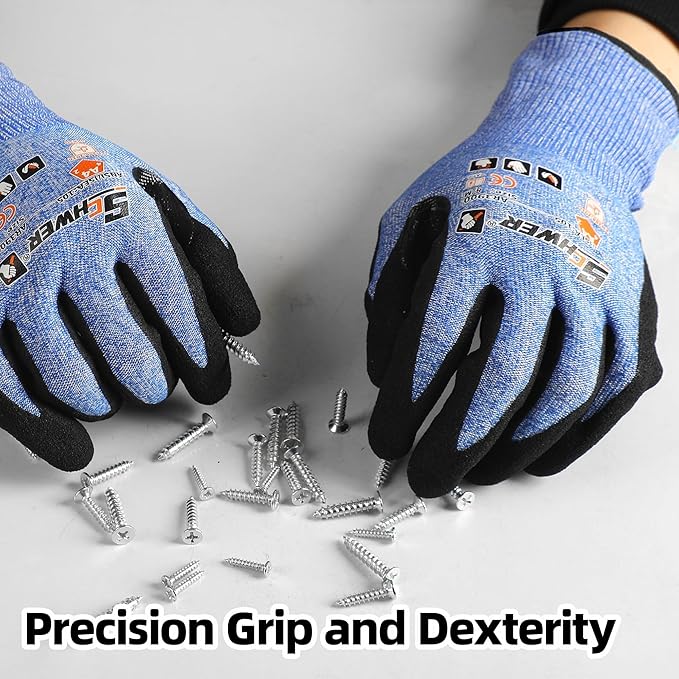 Schwer 6 Pairs ANSI A4 Cut Resistant Work Gloves with Extreme Lightweight & Thin, Sandy Nitrile Touchscreen Safety Working Gloves with Grip, 3D-Comfort Fit, Flexible and Breathable, S, AR3900