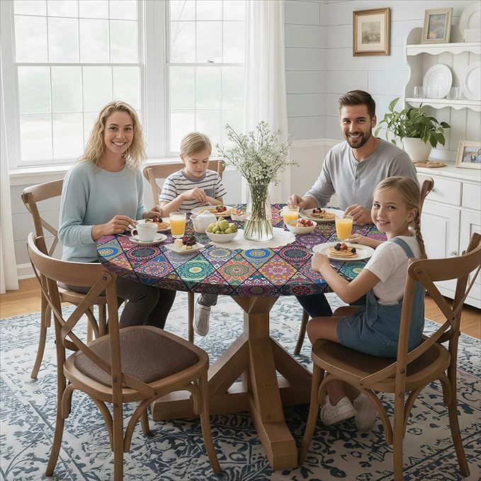 Fitted Round Tablecloth for 45-54" Tables Manteles Para Mesas Redondas Home Improvement Must Haves Summer Travel Camping RV Trailer Roadtrip Necessities Party Decorations for Adults Toddlers