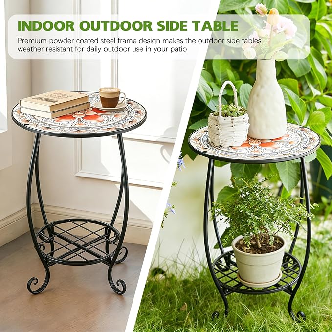 Arbuxzuy 2pcs Small Outdoor Side Table with Colorful Flowers, Glass Mosaic Patio Table Indoor, Round Plant Coffee Table for Living Room, Balcony, Garden（Pink Flowers Style）