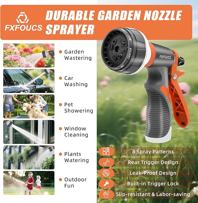 Garden Hose Nozzle Sprayer– this high heavy-duty spray nozzle offer 8 watering patterns for watering plants, lawns & gardens, washing cars, household (Grey Orange)