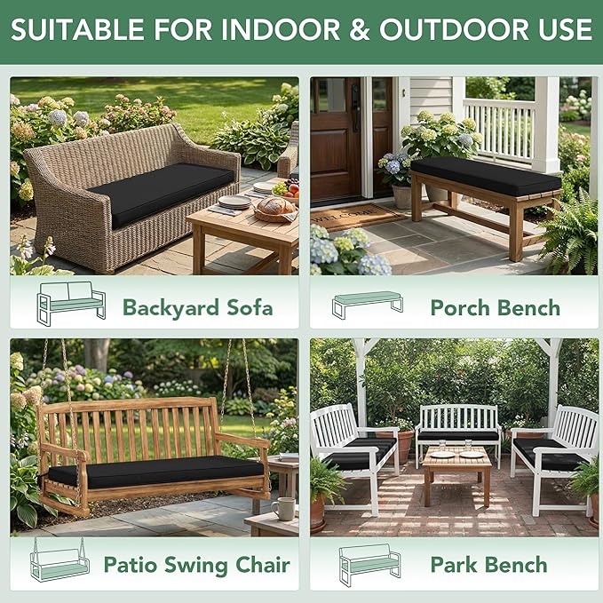 Summsun Outdoor Bench Cushion: Waterproof and Fade Resistant Patio Furniture Cushions - Non-Slip Bench Pad Cushion with Removable Cover for Garden Swing Porch Sofa Settee, 45 x 18 Inch, Black