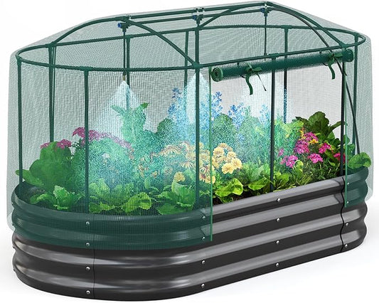 Quictent Galvanized Raised Garden Bed Kit with Self Watering System and Mesh Cover, Large Oval Metal Outdoor Planter Garden Boxes for Vegetables Herbs Flowers, 6x3x1Ft