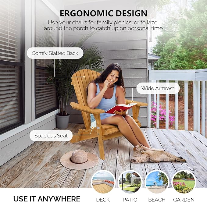 VINGLI Folding Adirondack Chairs Wood Lawn Chair Wooden Lounger 350 LBs Support Fire Pit Seating Natural Finished Weather Resistant Indoor Outdoor Furniture