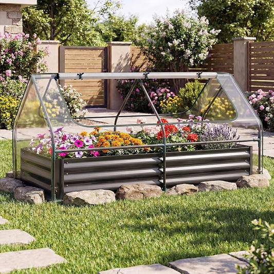 S AFSTAR Raised Garden Bed with Cover, 6FT x 3FT x 3FT Galvanized Bottomless Garden Bed with Greenhouse & Dual Roll-Up Screen Windows, Outdoor Metal Planter Box Kit with Cover (Black & Clear)