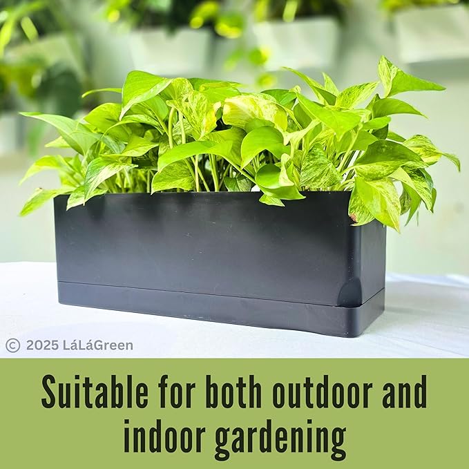 LaLaGreen Planters for Indoor Plants (7 Pack) Self-Watering System Black Window Box Planter, Rectangular Plastic Flower Boxes Herb Garden Long Windowsill Plant Pot with Drainage Modern Stylish Outdoor
