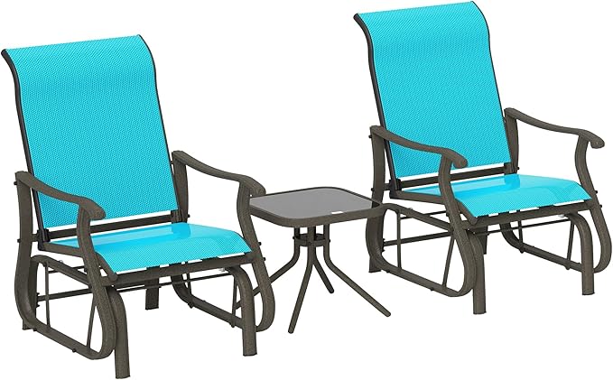 Outsunny 3-Piece Outdoor Gliders Set Bistro Set with Steel Frame, Tempered Glass Top Table for Patio, Garden, Backyard, Lawn, Bright Blue