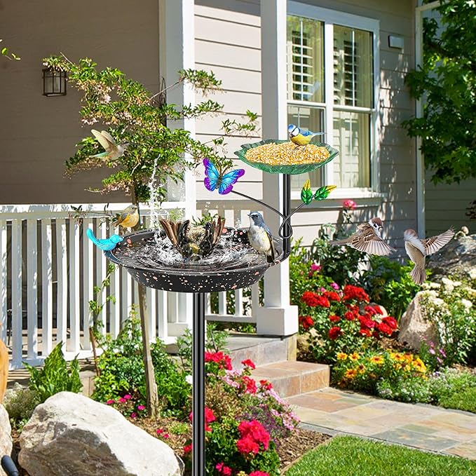 Metal Bird Bath for Outside Garden Birdbath Bowl, Freestanding Bird Feeders for Outdoors with 5 Prongs Base Stake, Standing Birdfeeders Birdbath Bowl for Yard Decor(Black-2-in-1-Butterfly)