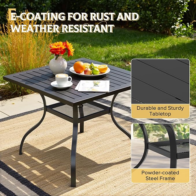 37" x 37" Patio Dining Table Outdoor Square Slated Furniture with Umbrella Hole, Metal Steel Frame(Black)