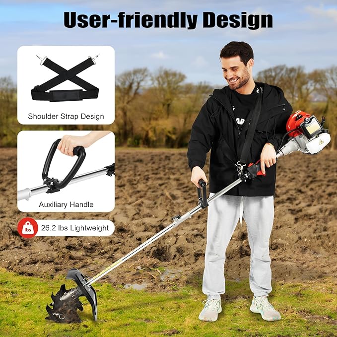 2 Stroke Tiller Cultivator, 51.7CC 6500RPM Garden Mini Tiller Rototiller Gas Powered Rotary Cultivator Handheld Single-Cylinder Rototiller Garden Tool with 1.1L Fuel Tank for Farm Loose Soil Weeding