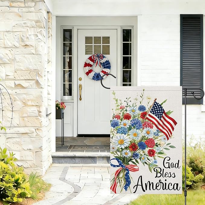 God Bless America 4th of July Garden Flag 12x18 Inch Double Sided Burlap Outside, Daisy Floral Patriotic Yard Flag for Independence Day Outdoor Decoration