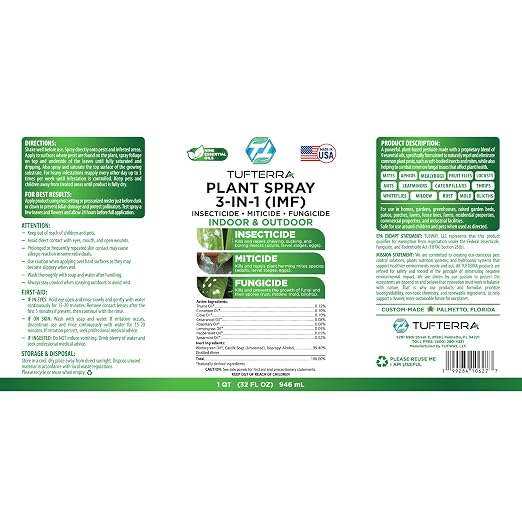 Plant Spray 3-in-1 Insecticide, Miticide, Fungicide | Natural Bug Spray, Indoor & Outdoor Plants | Essential Oils & Castile Soap | Aphids, Mites, Whiteflies, Thrips, Mildew, Mold | 32oz