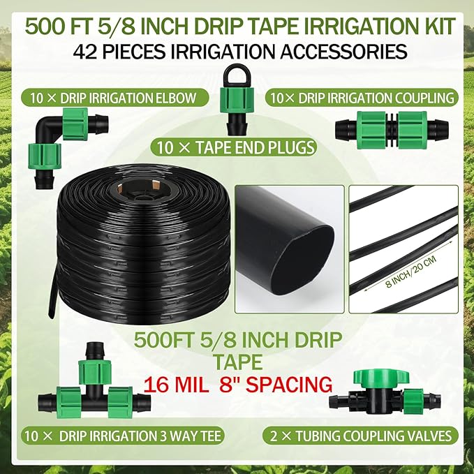 500 ft 5/8 Inch Drip Tape Irrigation Kit Drip Tape 16 Mil 8" Spacing Hose Garden Watering Tubing System Automatic Irrigation Equipment for Plant, Landscape, Yard, Lawn and Farm