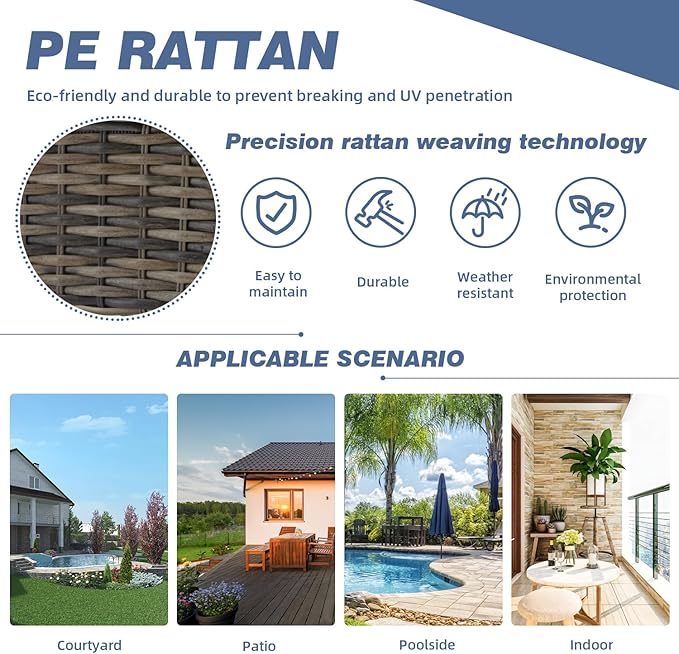 MELLCOM 3 Pieces Patio Furniture Set, Outdoor Swivel Rocker Patio Chairs, Wicker Patio Bistro Set with Rocking Chair, Thickened Cushions and Glass Coffee Table for Backyard, Garden, Navy Blue