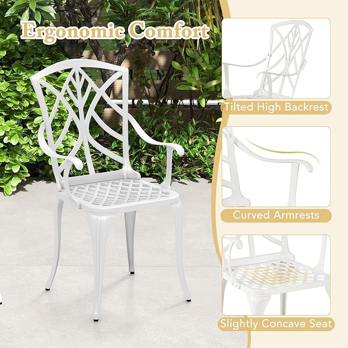 Tangkula Set of 4 Cast Aluminum Patio Dining Chairs, Outdoor Patio Chairs with Armrests, Patio Bistro Chairs for Garden, Backyard, Porch and Lawn, White
